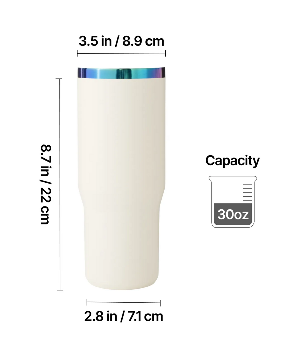 Stainless Steel Tumbler 30oz with Handle and Straw (Black Exterior/Iridescent Engraving) - Custom Engraved