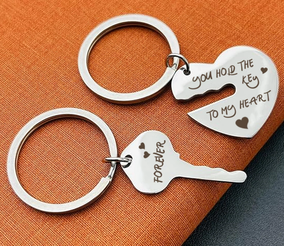 Stainless Steel Heart & Key Keychain Set - Custom Engraved